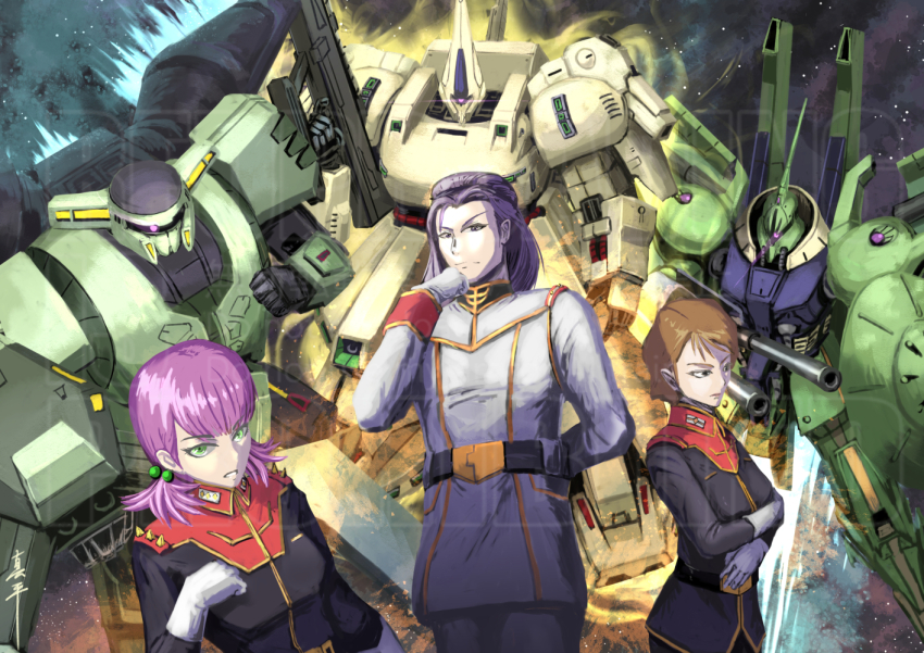 1boy 2girls 3d beam_cannon beam_rifle belt bolinoak_sammahn brown_hair commentary_request derivative_work energy_field energy_gun gloves green_eyes gundam looking_at_viewer machinery mecha military_uniform mobile_suit multiple_girls nebula one-eyed palace_athene paptimus_scirocco pink_hair purple_hair reccoa_londe robot sarah_zabiarov science_fiction shield shinpei_(shimpay) signature space the_o_(mobile_suit) titans_(gundam) weapon white_gloves zeta_gundam zeta_gundam_define