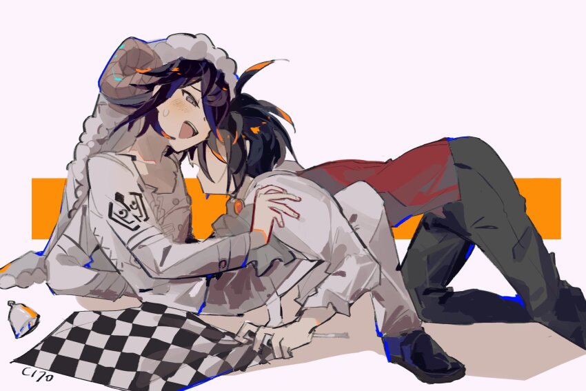 2boys :d black_footwear black_hair blush brown_pants cape cha_c170 checkered_neckerchief collarbone danganronpa_(series) danganronpa_v3:_killing_harmony fake_horns fang fur_cape grey_jacket grey_pants hair_over_one_eye highres hood hood_up horns jacket knee_up male_focus multiple_boys neckerchief oma_kokichi open_mouth orange_background pants pink_eyes profile purple_hair saihara_shuichi sheep_horns smile teeth unworn_neckerchief upper_teeth_only vampire white_background