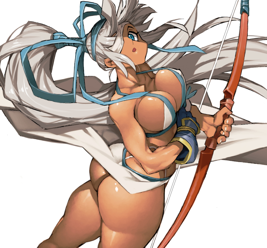 1girl ass bandage_over_one_eye blue_eyes bow_(weapon) breasts cleavage dark-skinned_female dark_skin eyepatch gloves highres large_breasts long_hair looking_at_viewer looking_back majikina_mina open_mouth partially_fingerless_gloves ponytail samurai_spirits sarong side-tie_skirt simple_background snk tan thong weapon white_background white_hair white_sarong ysk!