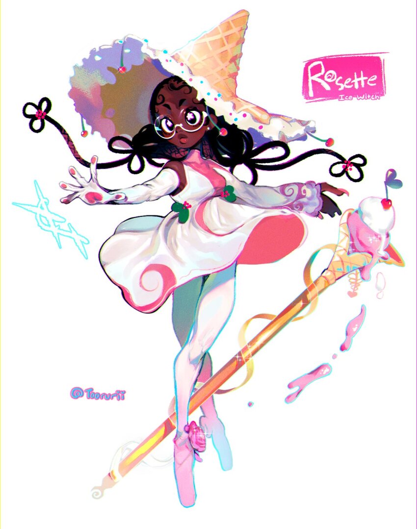 1girl black_hair breasts commentary dark-skinned_female dark_skin dress elbow_gloves english_commentary food food-themed_clothes glasses gloves hairstyle_request hat highres ice_cream icing long_hair original outstretched_hand pantyhose pawpads round_eyewear simple_background single_glove small_breasts solo sprinkles torurii very_dark_skin wand white_background white_dress white_gloves white_pantyhose witch witch_hat