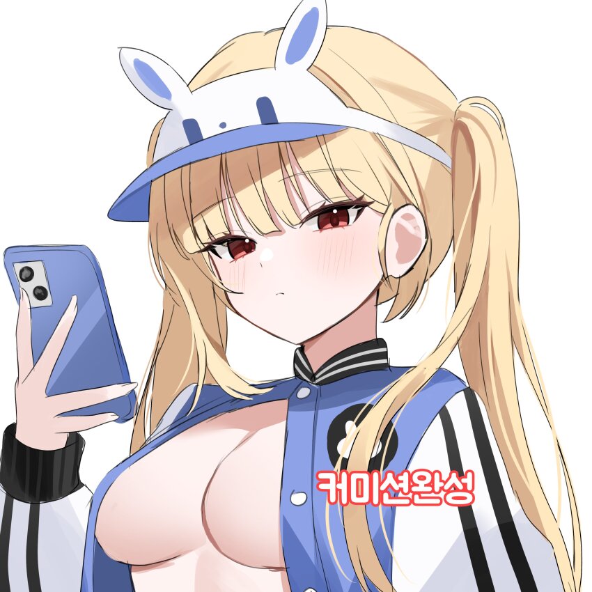 1girl absurdres animal_ears baseball_club_mob_(draco) blonde_hair blue_jacket breasts cleavage closed_mouth commission fake_animal_ears hand_up highres holding holding_phone jacket long_hair long_sleeves looking_at_viewer medium_breasts nannung no_bra open_clothes open_jacket original phone red_eyes simple_background solo twintails unbuttoned upper_body visor_cap white_background