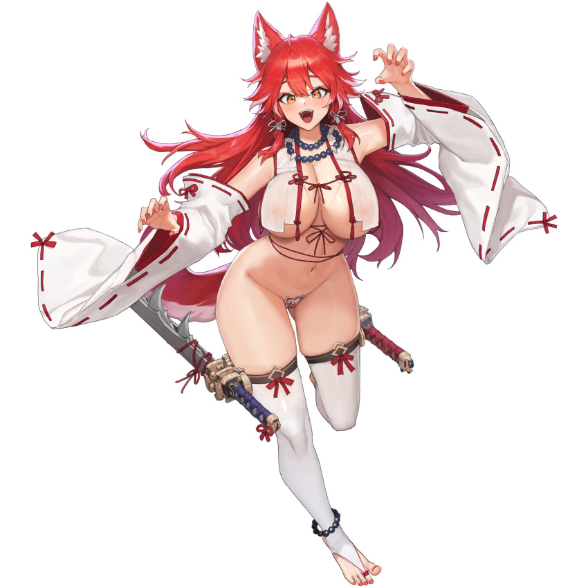 1girl ahoge animal_ear_fluff animal_ears anklet armpit_peek bare_shoulders bead_necklace beads breasts claw_pose cleavage detached_sleeves eyeliner fangs fenrir_(last_origin) gluteal_fold highres huge_breasts jewelry large_breasts last_origin linea_alba long_hair long_sleeves looking_at_viewer maebari multiple_weapons nail_polish navel necklace no_bra nontraditional_miko official_alternate_costume official_art ofuda ofuda_on_pussy open_mouth over-kneehighs red_eyeliner red_hair red_nails red_ribbon ribbon see-through_clothes simple_background skindentation standing sword tachi-e tail thick_thighs thighhighs thighs tooth_necklace transparent_background tunamayo_(dsasd751) weapon wolf_ears wolf_girl wolf_tail yellow_eyes
