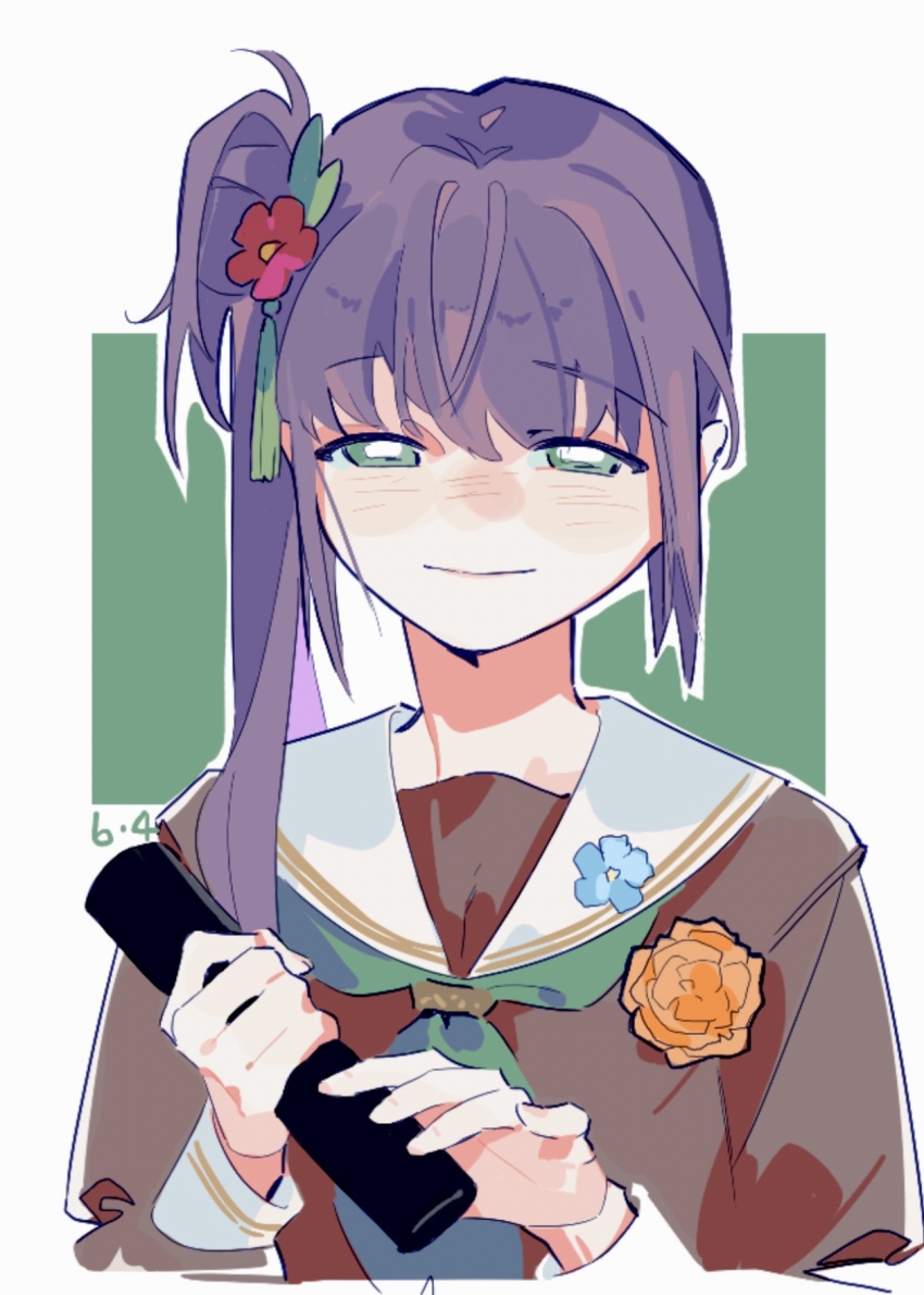1girl blue_flower blush border brown_dress closed_mouth commentary diploma_tube dress flower graduation green_background green_eyes green_neckerchief hair_bun hair_ornament half-closed_eyes hasu_no_sora_school_uniform highres holding link!_like!_love_live! long_sleeves looking_at_viewer love_live! neckerchief nose_blush orange_flower otomune_kozue outline outside_border pipi_(m1x_mix) red_flower sailor_collar sailor_dress school_uniform side_ponytail sidelocks simple_background single_side_bun smile solo symbol-only_commentary tassel tassel_hair_ornament upper_body virtual_graduation_commemoration virtual_youtuber white_border white_outline white_sailor_collar winter_uniform