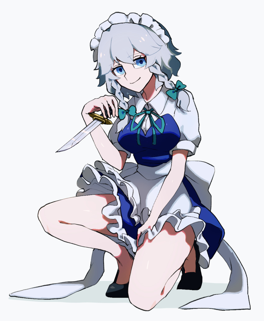 1girl apron back_bow black_shoes blue_dress blue_eyes bow braid breasts closed_mouth collared_shirt dagger dress eyelashes flats full_body green_ribbon grey_hair hair_ribbon high_heels highres holding holding_dagger holding_knife holding_weapon iganashi1 izayoi_sakuya knife large_breasts looking_at_viewer maid maid_apron maid_headdress neck_ribbon on_one_knee puffy_short_sleeves puffy_sleeves ribbon sash shirt shoes short_sleeves sidelocks simple_background smile solo touhou tress_ribbon twin_braids weapon white_apron white_background white_sash white_shirt wing_collar