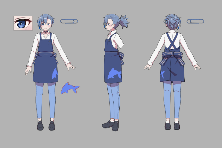 1boy black_choker blue_eyes blue_hair blue_pants reference_sheet choker dolphin_pendant dolphin_print full_body highres indie_virtual_youtuber long_sleeves majinmallow medium_hair mole mole_under_eye multicolored_hair pants ponytail shirt standing streaked_hair trap virtual_youtuber white_shirt