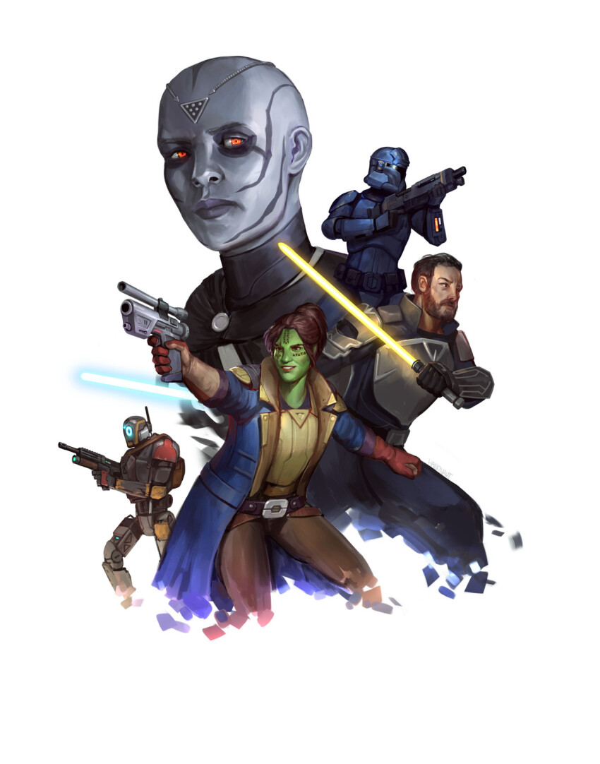 2girls 3boys alien armor artist_name bald bald_girl beard black_gloves blue_coat blue_lightsaber brown_gloves brown_hair brown_pants coat colored_skin energy_sword facial_hair gloves green_skin grey_skin gun hanonaut helmet highres holding holding_gun holding_sword holding_weapon jedi lightsaber long_coat mirialan multiple_boys multiple_girls open_clothes open_coat orange_eyes pants robot simple_background star_wars star_wars:_the_old_republic sword two-tone_gloves weapon white_background yellow_lightsaber