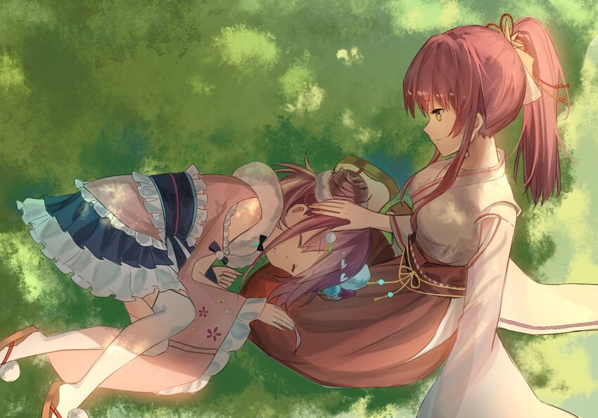 2girls aikawa_megumi commission double_bun dress geta green_eyes hair_bun hakama hakama_skirt headpat heaven_burns_red highres japanese_clothes kr_woyue kunimi_tama lap_pillow long_hair multiple_girls on_grass pink_hair ponytail red_hakama skirt wide_sleeves yuri