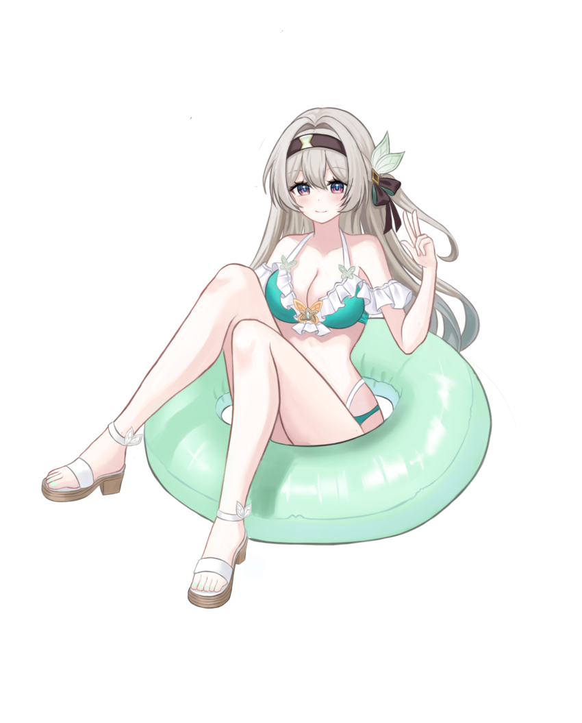 1girl bikini black_hairband blue_pupils blush breasts breath cleavage closed_mouth firefly_(honkai:_star_rail) frilled_bikini_top gradient_hair grey_hair hair_between_eyes hair_intakes hair_ornament hair_ribbon hairband highres honkai:_star_rail honkai_(series) large_breasts multicolored_eyes multicolored_hair nail_polish ribbon seolhae simple_background sitting smile strappy_heels swimsuit tube two-tone_eyes v white_background