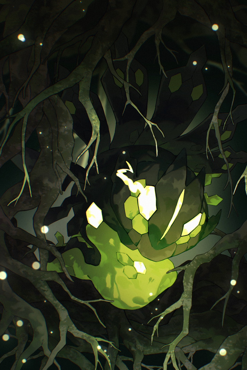 absurdres colored_skin commentary_request creatures_(company) dark_background eye_trail game_freak gen_6_pokemon glowing glowing_eyes green_skin highres legendary_pokemon light_trail looking_at_viewer nintendo plant_roots pokemon pokemon_(creature) solo wulie_errr zygarde zygarde_(50)