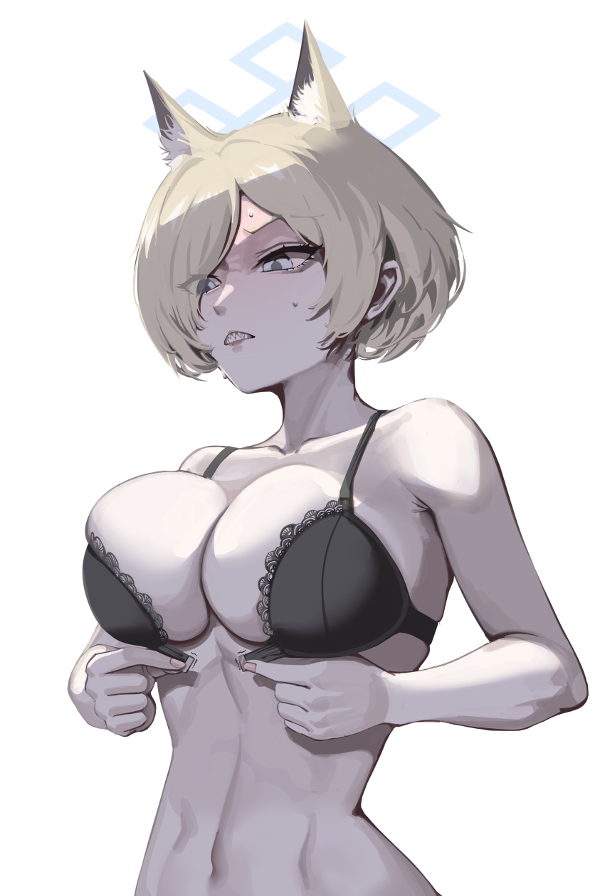 1girl absurdres alternate_hair_length alternate_hairstyle animal_ear_fluff animal_ears bare_arms bare_shoulders black_bra blonde_hair blue_archive blue_eyes bra breasts chojja clenched_teeth dog_ears dog_girl extra_ears hair_over_one_eye highres kanna_(blue_archive) large_breasts midriff navel no_shirt pink_nails sharp_teeth short_hair sidelocks solo sweat teeth underwear