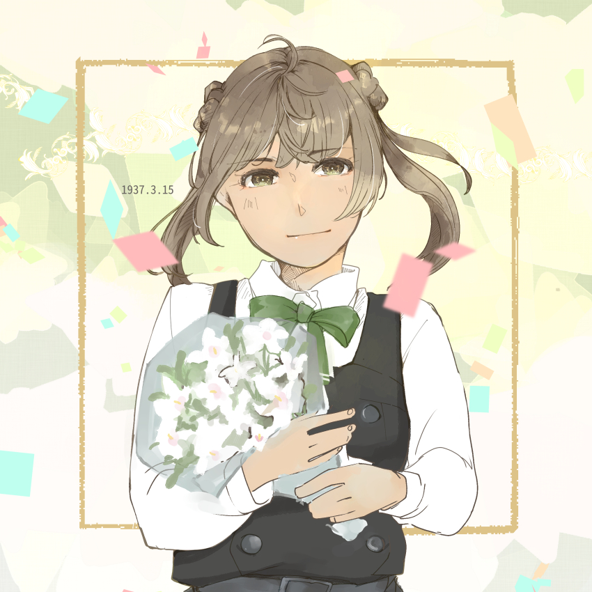 1girl 2_(f211m289) absurdres black_dress bouquet bow bowtie brown_eyes brown_hair collared_shirt dated donut_hair_bun double_bun dress dress_shirt flower green_bow green_bowtie hair_bun highres kantai_collection looking_at_viewer michishio_(kancolle) michishio_kai_ni_(kancolle) pinafore_dress shirt short_hair sleeveless sleeveless_dress solo twintails upper_body white_shirt