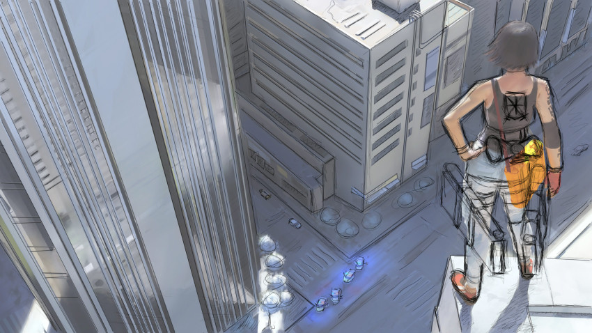 1girl black_hair building cityscape derivative_work elbow_pads faith_connors female_focus gloves hand_on_own_hip highres looking_down mirror&#039;s_edge mirror&#039;s_edge_(series) parody shingeki_no_kyojin shoes short_hair single_glove sketch skyscraper sneakers solo takeda_iori tank_top tattoo three-dimensional_maneuver_gear unfinished