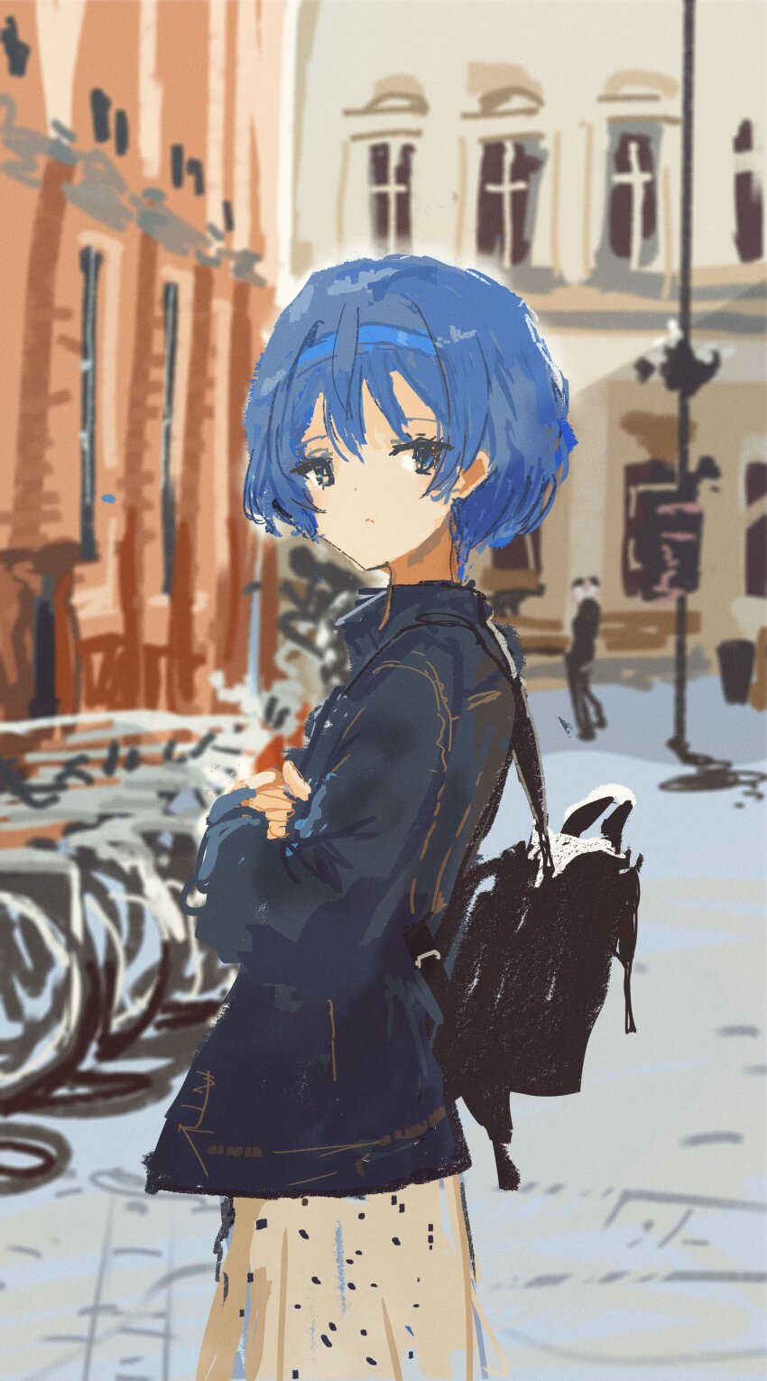 1girl absurdres alternate_costume backpack bag bicycle black_bag blue_eyes blue_hair blue_hairband blurry blurry_background brown_skirt building casual cevio city closed_mouth commentary_request day denim denim_jacket european_architecture fashion feet_out_of_frame from_side hairband hands_on_own_chest highres jacket kabuyama_kaigi long_sleeves looking_at_viewer looking_to_the_side outdoors polka_dot polka_dot_skirt short_hair skirt solo standing suzuki_tsudumi urban