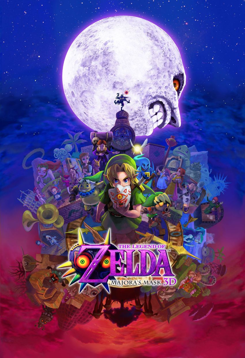 anju_(zelda) character_request cremia darmani deku_butler deku_princess everyone glowing glowing_eyes great_fairy_(zelda) guru-guru happy_mask_salesman highres kafei link logo lulu_(majora&#039;s_mask) majora_(entity) mask mikau moon night night_sky nintendo official_art romani_(zelda) skull_kid sky star_(sky) sword tael tatl the_legend_of_zelda the_legend_of_zelda:_majora&#039;s_mask tree weapon