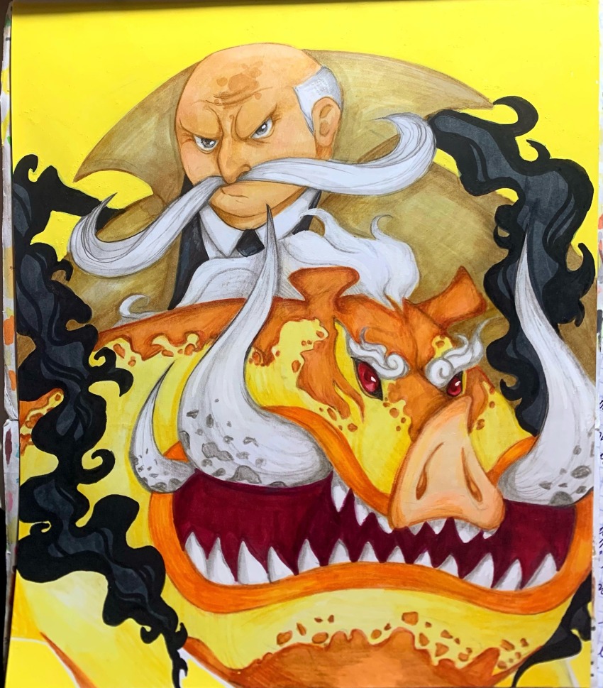 1boy alternate_form bald birthmark black_necktie black_suit boar brown_coat coat collared_shirt facial_hair formal_clothes frown gorosei grey_eyes hagoromo high_collar highres kubabaaas long_mustache looking_at_viewer male_focus monster mustache necktie one_piece open_mouth red_eyes sharp_teeth shawl shirt suit teeth topman_warcury traditional_media traditional_youkai tusks white_shirt yellow_background