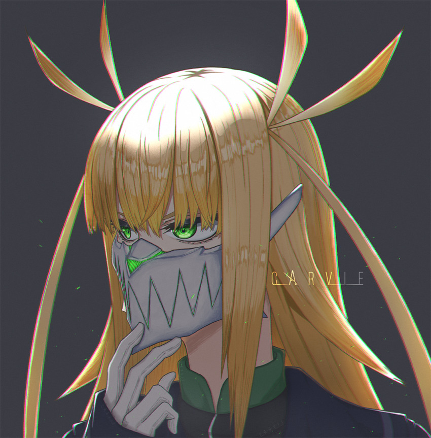 1girl artist_name blonde_hair collar facing_away facing_to_the_side gloves green_collar green_eyes grey_background hairstyle_request hand_on_mask hand_up hisui_kanon john_carvie light_particles long_hair mask mouth_mask portrait sentai_daishikkaku sleeves_past_wrists solo teeth_print_mask white_gloves
