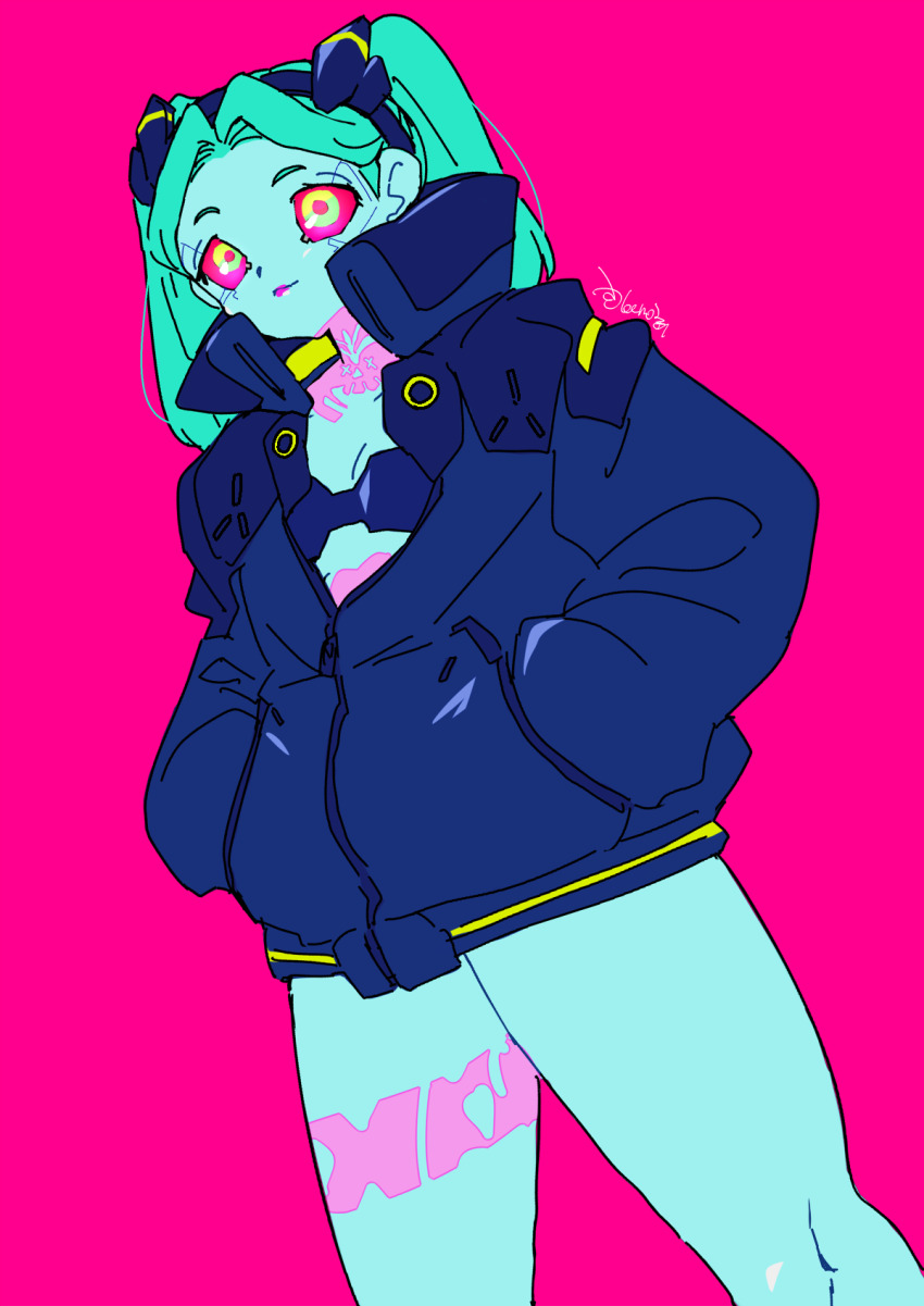 1girl aqua_eyes black_jacket bra breasts colored_sclera cowboy_shot cyberpunk_(series) cyberpunk_edgerunners cyborg ewoageruyobemo green_eyes hands_in_pockets highres jacket joints long_hair looking_at_viewer neck_tattoo open_clothes open_jacket pink_background rebecca_(cyberpunk) red_sclera revealing_clothes samurai_jacket_(cyberpunk) shiny_skin signature simple_background small_breasts smile solo standing strapless strapless_bra tattoo underwear wide_hips