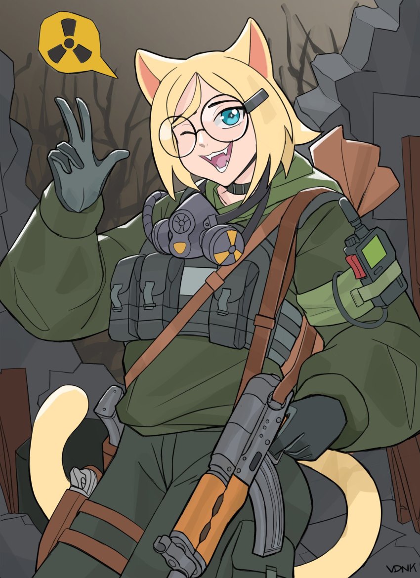 19vodnik 1girl ak-47 akm akms ammunition_pouch animal_ears assault_rifle blonde_hair cat_ears cat_girl cat_tail collar gas_mask glasses gloves gun hair_ornament hairclip handgun highres hood hoodie kalashnikov_rifle looking_at_viewer mask pouch radiation_symbol respirator rifle sharp_teeth short_hair solo stalker_(game) tail teeth v walkie-talkie weapon
