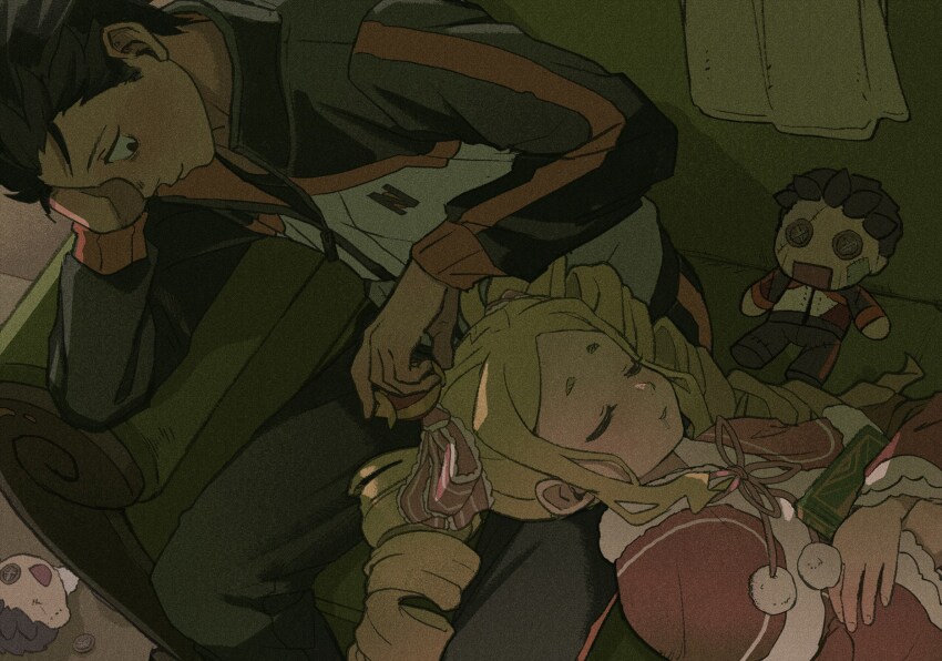 1boy 1girl beatrice_(re:zero) black_eyes black_hair blonde_hair book capelet character_doll closed_eyes closed_mouth commentary_request couch doll drill_hair duplicate eyelashes hair_ribbon head_rest highres holding holding_book indoors iwamushi jacket long_hair long_sleeves looking_down natsuki_subaru pants pink_ribbon re:zero_kara_hajimeru_isekai_seikatsu ribbon short_hair sidelocks sitting sleeping smile track_jacket twin_drills twintails