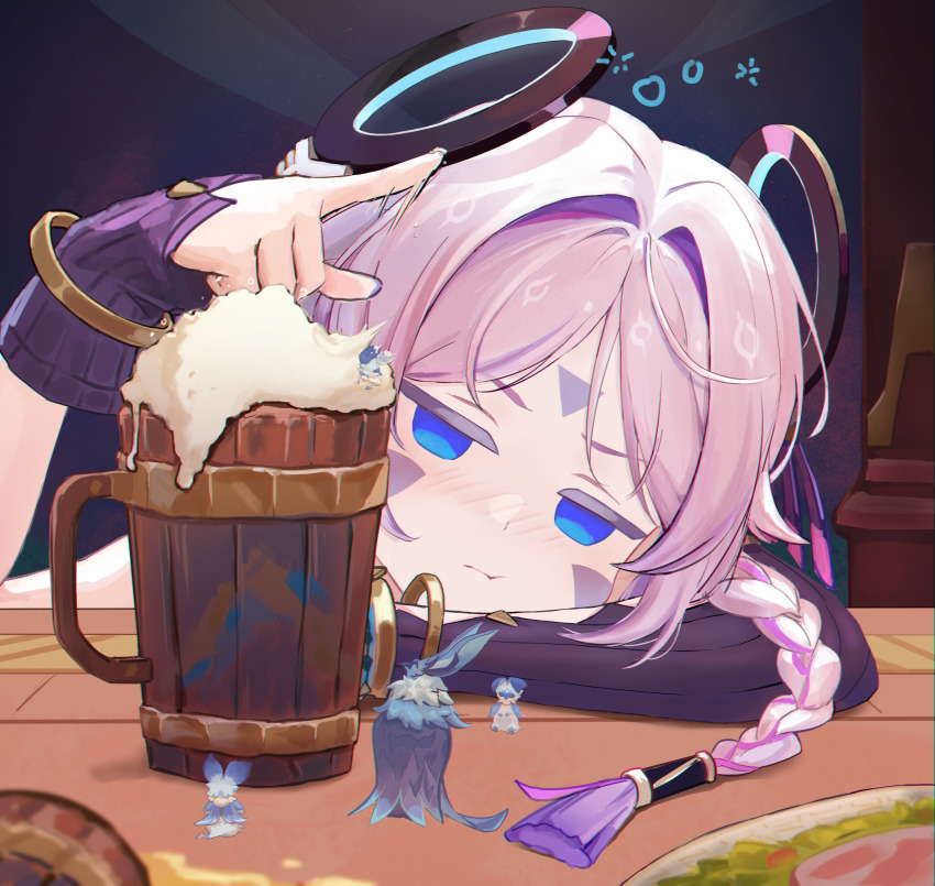 1girl absurdres alcohol arm_rest asymmetrical_gloves beer blue_eyes bracelet braid citlali_(genshin_impact) closed_mouth commentary_request drunk facial_mark foam genshin_impact gloves hair_intakes hand_up head_rest highres iktomisaurus_(genshin_impact) indoors jewelry long_hair looking_at_viewer no_pupils pink_hair portrait purple_gloves solo table tankard triangle triangle_facial_mark twin_braids user_hxvy5233