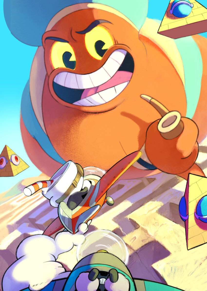3boys absurdres aerial_battle aircraft airplane ancient_egyptian ancient_egyptian_architecture arabian_clothes battle blue_sky commentary cuphead cuphead_(game) desert djimmi_the_great dogfight doi_m2000 drinking_straw fighting food genie gloves goggles highres laughing maze mugman multiple_boys no_humans open_mouth outdoors pov size_difference sky smile smoking_pipe symbol-only_commentary teeth tongue white_gloves yellow_eyes