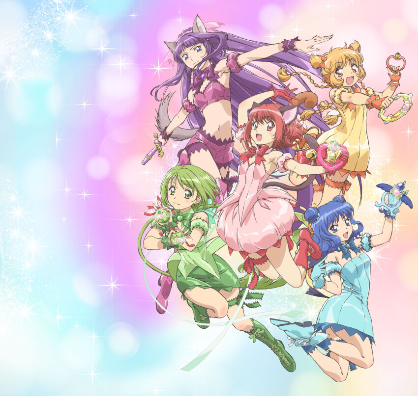 5girls aizawa_mint animal_ears aqua_gloves bare_shoulders bell blonde_hair blue_eyes blue_hair bow braid breasts cat_ears cat_girl cat_tail choker cute_weapon detached_sleeves double_bun dress fong_pudding frilled_thigh_strap fujiwara_zakuro full_body gloves green_choker green_eyes green_garter green_hair green_leotard hair_bun highres holding jingle_bell leotard long_hair looking_at_viewer magical_girl mew_ichigo mew_lettuce mew_mint mew_pudding mew_zakuro midorikawa_lettuce midriff momomiya_ichigo monkey_ears monkey_girl monkey_tail multiple_girls navel official_art open_mouth pink_choker pink_eyes pink_hair puffy_detached_sleeves puffy_sleeves purple_choker purple_eyes purple_hair purple_shorts purple_tube_top red_gloves second-party_source short_hair shorts smile sparkle strapless strawbell_bell tail tail_bell tail_bow tail_ornament thigh_strap tokyo_mew_mew tokyo_mew_mew_new tube_top weapon wings wolf_ears wolf_girl wolf_tail