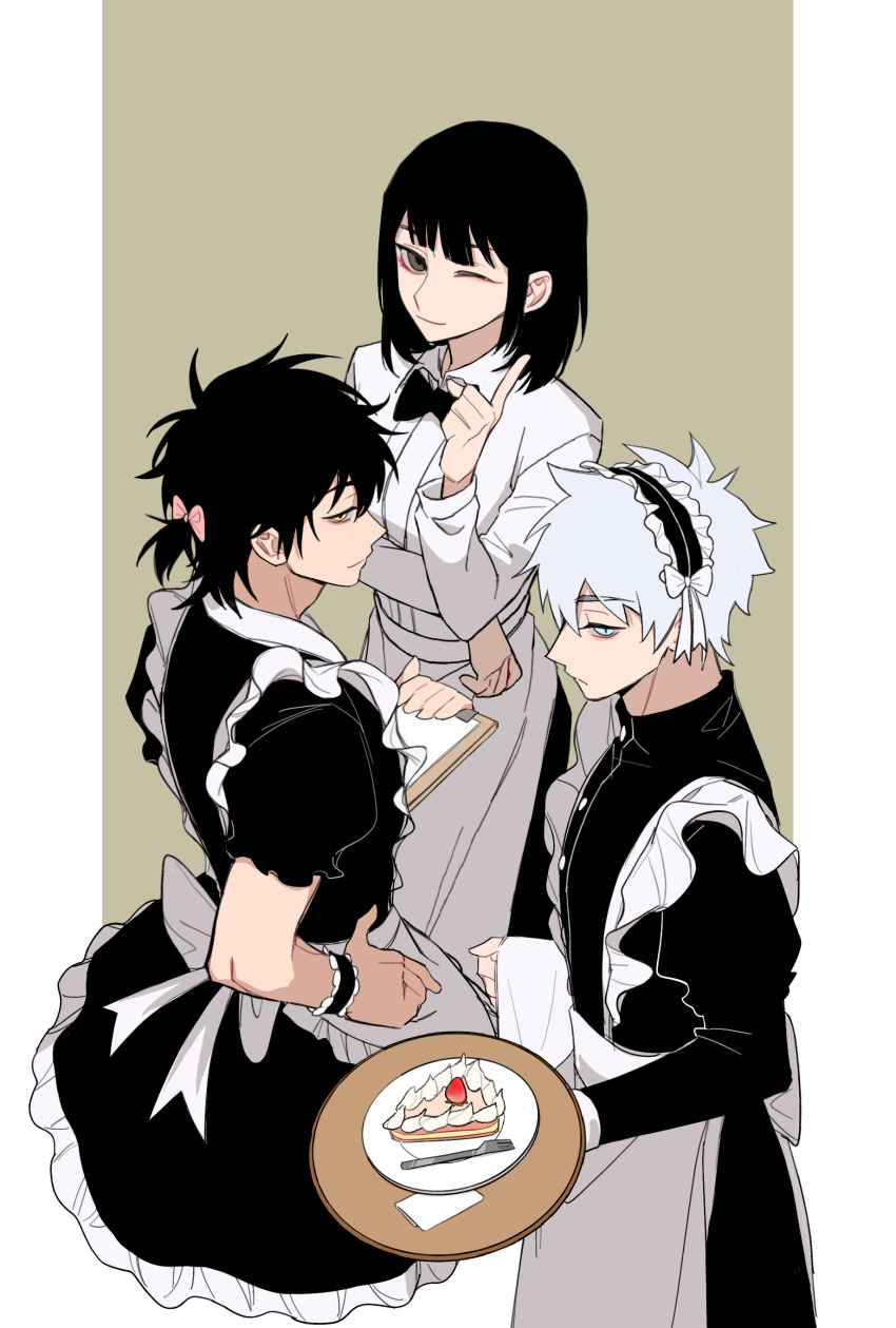 1girl 2boys absurdres alternate_costume apron black_bow black_bowtie black_dress black_hair blue_eyes blunt_bangs border bow bowtie brown_background brown_eyes cake cake_slice cheng_xiaoshi closed_mouth collared_dress collared_shirt cowboy_shot crossdressing dress dress_shirt enmaided food fork frilled_apron frilled_dress frills fruit hair_bow hairband hand_on_own_hip hand_up highres holding holding_tray index_finger_raised jin92848 long_hair long_sleeves looking_at_another looking_at_viewer looking_down lu_guang maid maid_apron maid_headdress medium_hair multiple_boys one_eye_closed outside_border plate ponytail profile puffy_short_sleeves puffy_sleeves qiao_ling shiguang_dailiren shirt short_hair short_ponytail short_sleeves simple_background skirt smile standing strawberry tray two-tone_background waist_apron white_apron white_background white_hair white_shirt wrist_cuffs yellow_eyes