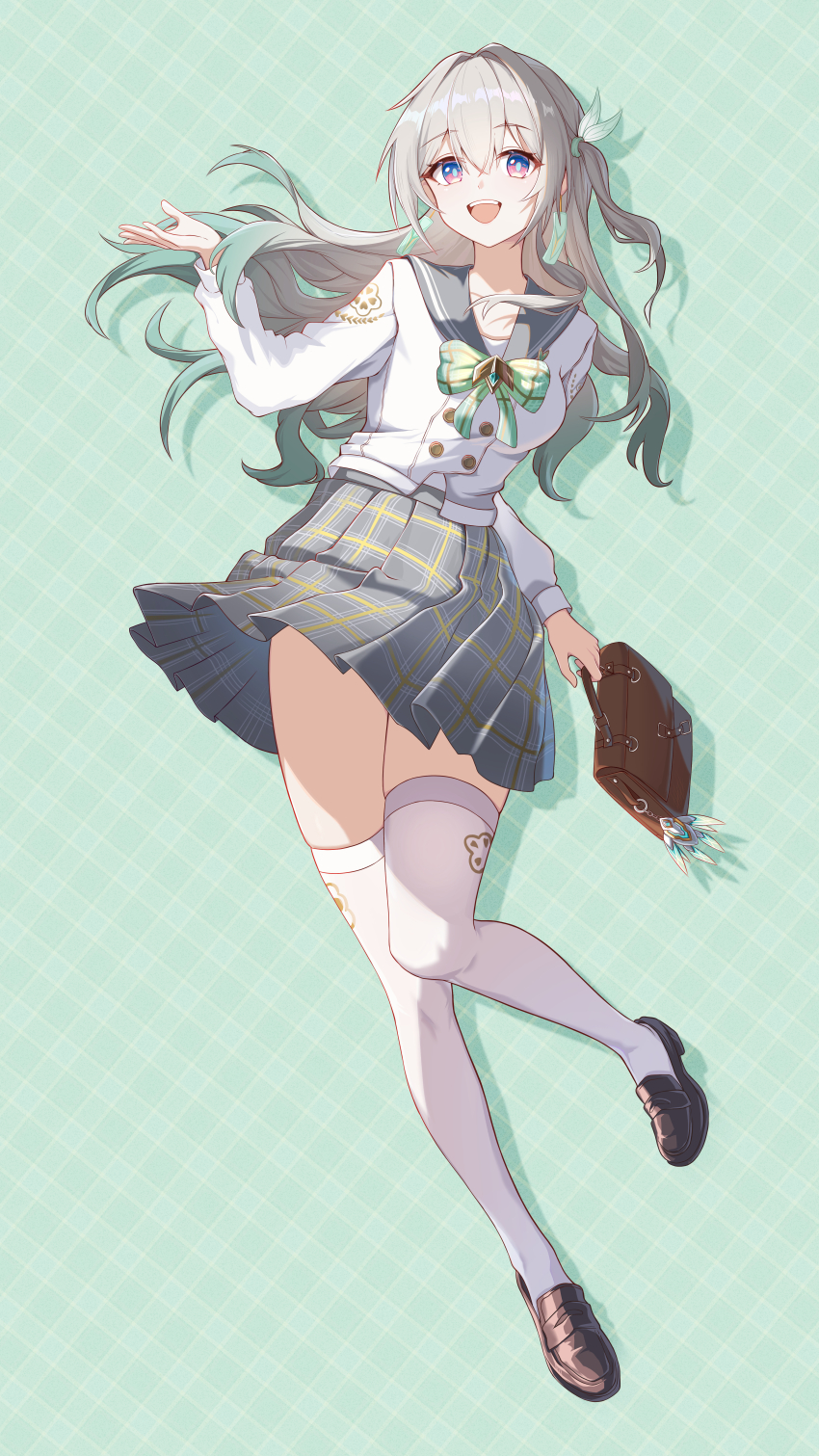 1girl absurdres bag black_hairband bow breasts brown_shoes collarbone firefly_(honkai:_star_rail) firefly_(spring_missive)_(honkai:_star_rail) full_body gradient_hair green_background green_bow grey_hair grey_skirt hair_between_eyes hair_ornament hairband highres holding holding_bag honkai:_star_rail honkai_(series) long_hair long_sleeves medium_breasts multicolored_hair official_alternate_costume open_mouth peachenvy pink_eyes school_bag school_uniform shirt shoes skirt smile solo thick_thighs thighhighs thighs white_shirt white_thighhighs