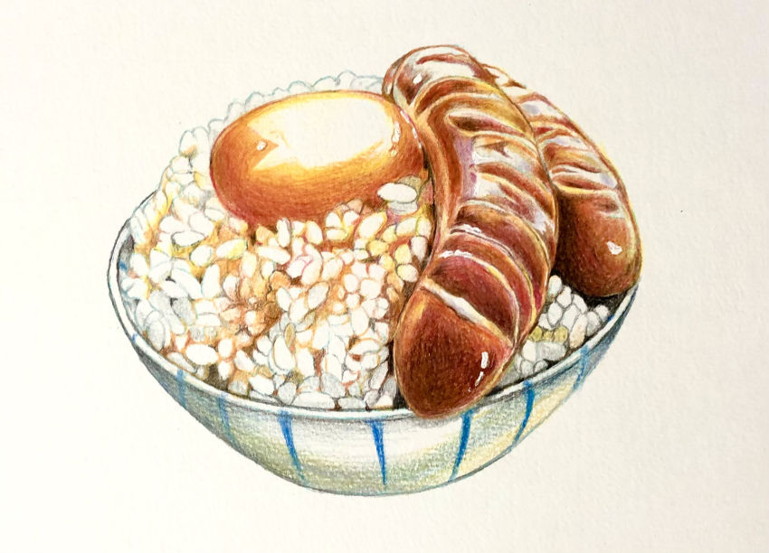 bowl colored_pencil_(medium) egg_yolk food food_focus highres manmosu-0607 no_humans original raw_egg rice rice_bowl sausage simple_background still_life tamagokake_gohan traditional_media white_background