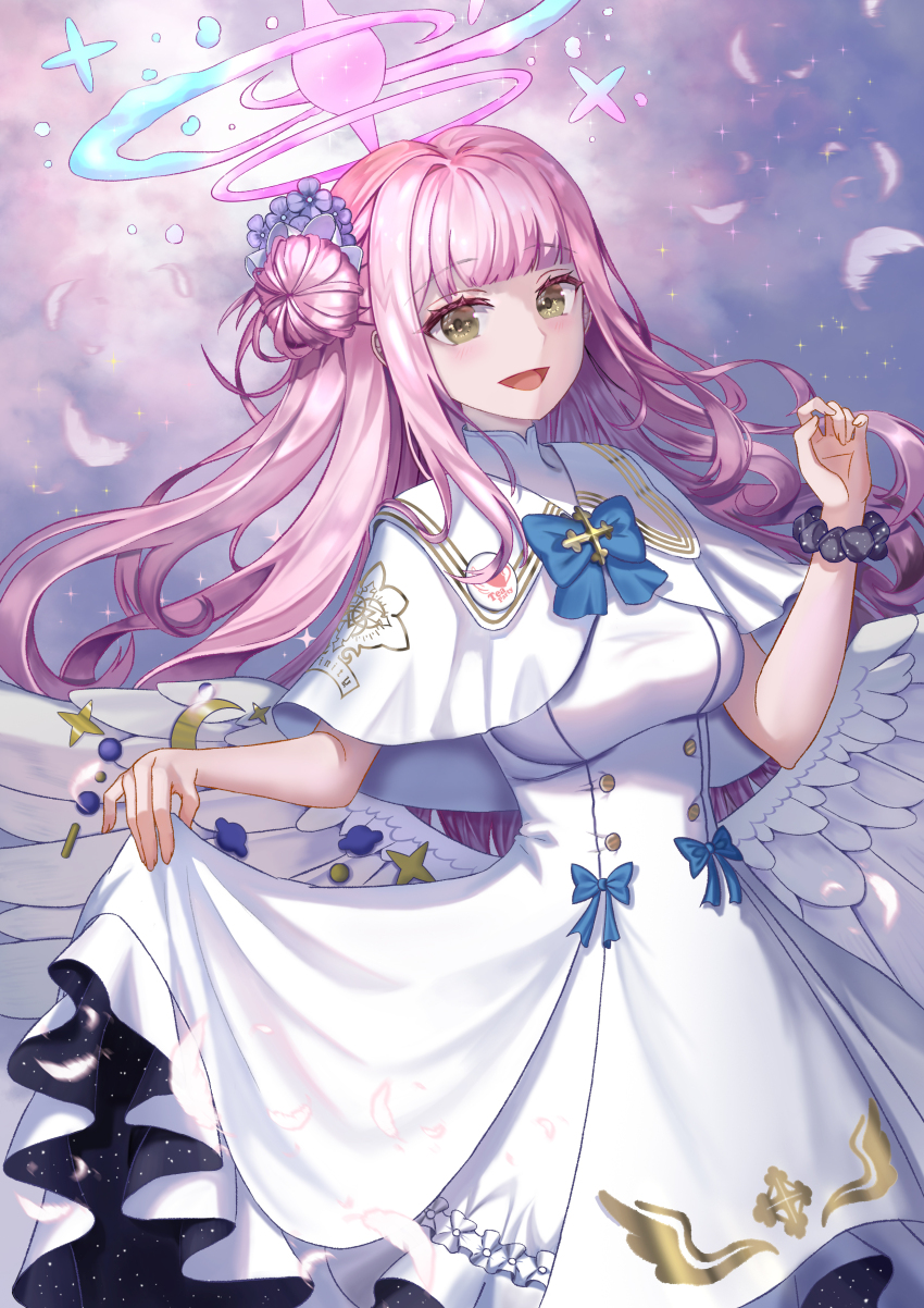 1girl absurdres blonde_hair blue_archive blue_bow blunt_bangs blush bow breasts cafeiner commentary dated_commentary dress falling_feathers feathered_wings feathers fingernails frilled_wristband hair_bun halo hand_up highres long_hair looking_at_viewer low_wings medium_breasts mika_(blue_archive) open_mouth pink_hair pink_halo skirt_hold solo three_quarter_view upper_body very_long_hair white_dress white_wings wings wristband