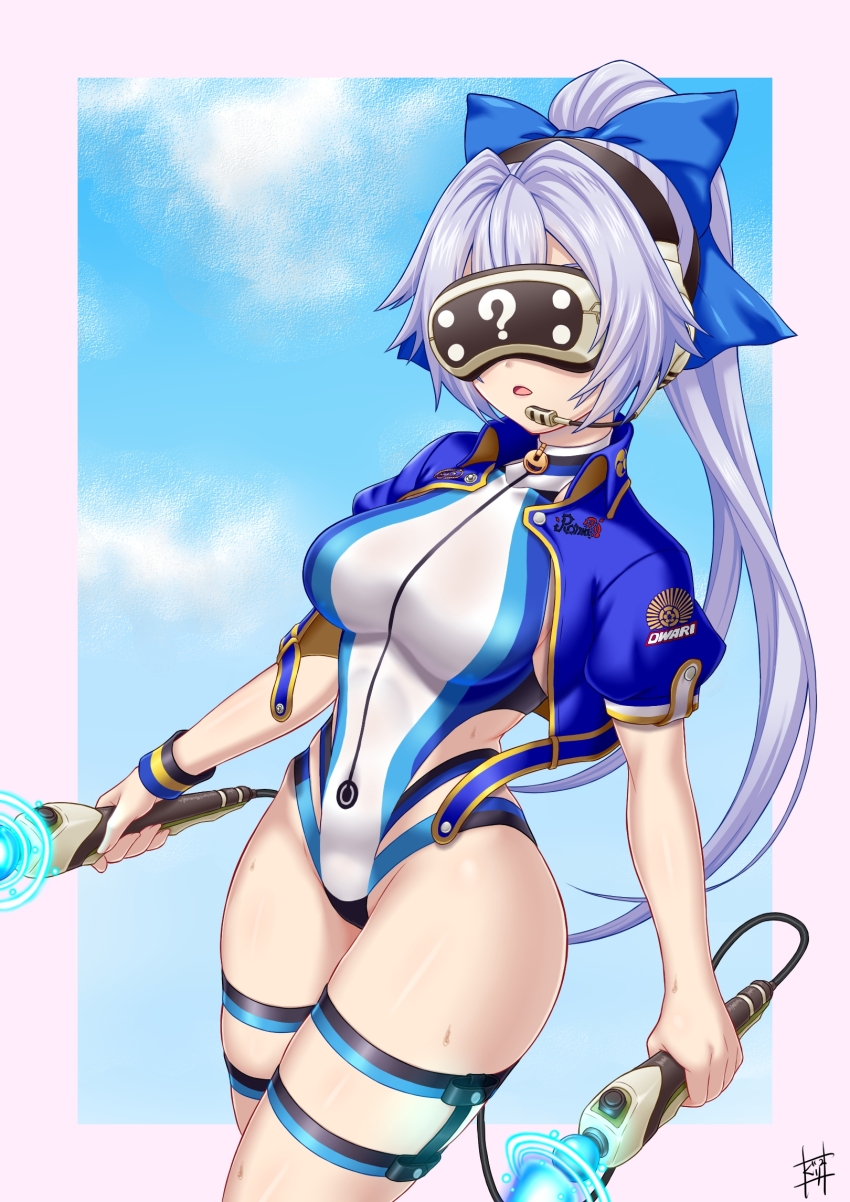 1girl ? blue_bow blue_jacket blue_one-piece_swimsuit blue_sky blush bow breasts controller fate/grand_order fate_(series) guriguri_(arayotto4351) hair_bow head-mounted_display headset highleg highleg_one-piece_swimsuit highres jacket large_breasts long_hair one-piece_swimsuit open_clothes open_jacket open_mouth ponytail short_sleeves sky solo swimsuit thigh_strap thighs tomoe_gozen_(fate) tomoe_gozen_(swimsuit_saber)_(fate) tomoe_gozen_(swimsuit_saber)_(first_ascension)_(fate) two-tone_swimsuit white_hair white_one-piece_swimsuit wristband