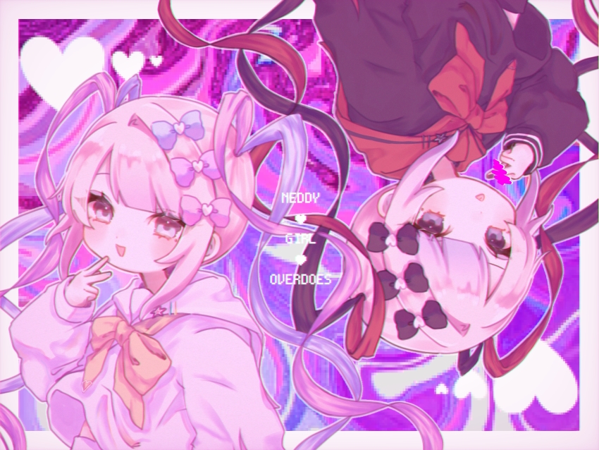 2girls :d black_bow black_hair black_shirt blonde_hair blue_bow blue_eyes blue_hair blush border bow chouzetsusaikawa_tenshi-chan chouzetsusaikawa_tenshi-chan_(dark_angel) copyright_name dark_persona grey_eyes hair_bow hair_ornament hand_up heart heart_hair_ornament highres long_hair long_sleeves looking_at_viewer mi_oxo_9m middle_finger multicolored_hair multiple_girls multiple_hair_bows needy_girl_overdose official_alternate_costume open_mouth outline pink_bow pink_hair purple_bow quad_tails red_bow red_hair red_sailor_collar rotational_symmetry sailor_collar shirt smile twintails upper_body upside-down v very_long_hair white_border white_outline white_shirt yellow_bow