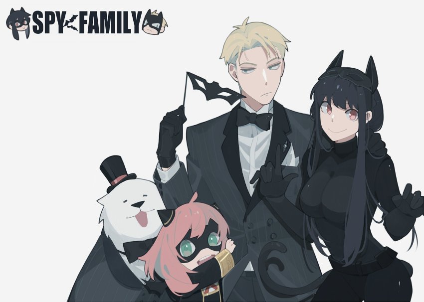 1boy 2girls :p animal_ears anya_(spy_x_family) berldo black_bodysuit black_gloves black_hair blonde_hair blue_eyes bodysuit bond_(spy_x_family) bow bowtie cat_ears cat_tail child collared_shirt dog eden_academy_school_uniform formal_clothes gloves green_eyes grin hair_horns half-closed_eyes hand_on_another&#039;s_shoulder handkerchief hat highres holding holding_mask jacket jitome long_sleeves mask mask_on_head unworn_mask multiple_girls open_mouth parted_hair pink_hair pointing red_eyes school_uniform shirt sidelocks simple_background smile spy_x_family suit suit_jacket tail tongue tongue_out top_hat tsurime twilight_(spy_x_family) upper_body wing_collar yor_briar