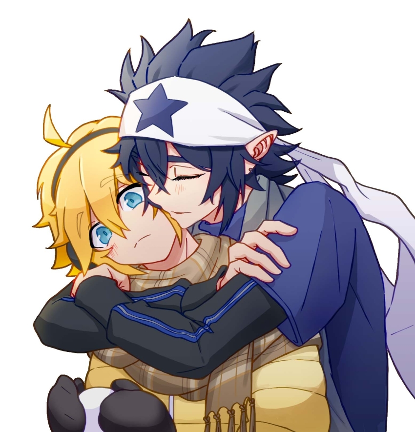2boys ahoge alternate_costume aotu_world bandana black_gloves black_hair black_shirt blonde_hair blue_eyes blue_shirt blush brown_scarf chinese_commentary closed_eyes closed_mouth coat couple earmuffs gloves grey_scarf hair_between_eyes headband highres holding holding_snowball hug hug_from_behind jacket king_(aotu_world) layered_sleeves long_sleeves male_focus multiple_boys plaid_clothes plaid_scarf pointy_ears ray_(aotu_world) scarf shirt short_over_long_sleeves short_sleeves simple_background smile snowball spiked_hair star_(symbol) star_print upper_body weixiaodeqihai white_background white_headband winter_clothes yaoi yellow_coat