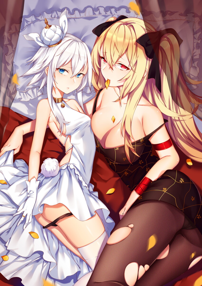 absurdres anne_bonny_(fate) armpits bare_shoulders blonde_hair blue_eyes collarbone fate/grand_order fate_(series) highres iiiroha jewelry long_hair mary_read_(fate) on_bed panties pantyhose pillow rabbit_tail red_eyes ring short_hair tail torn_clothes torn_pantyhose twintails underwear white_hair
