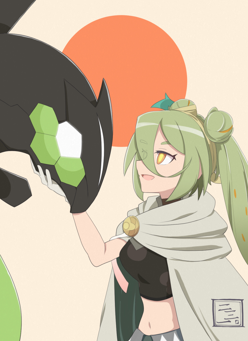 1girl black_shirt commentary_request eyes_visible_through_hair from_side gen_6_pokemon green_hair ground_miku_(project_voltage) hand_on_another&#039;s_chin hatsune_miku highres legendary_pokemon long_hair midriff navel nintendo onoda_8230 open_mouth pokemon pokemon_(creature) project_voltage shirt simple_background smile twintails upper_body vocaloid yellow_eyes zygarde zygarde_(50)