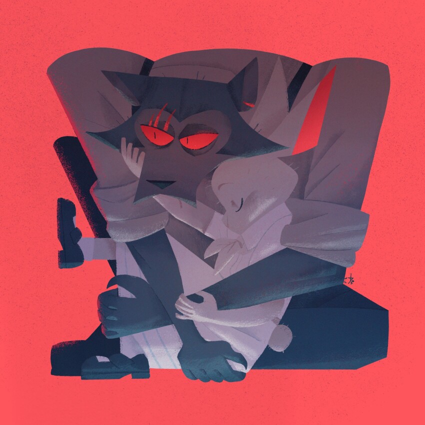 1boy 1girl animal_ears beastars closed_eyes dress haru_(beastars) highres legoshi overalls rabbit_ears rabbit_girl red_background red_eyes relaxing school_uniform shirt shoes simple_background trisketched white_dress white_shirt wolf_boy wolf_ears