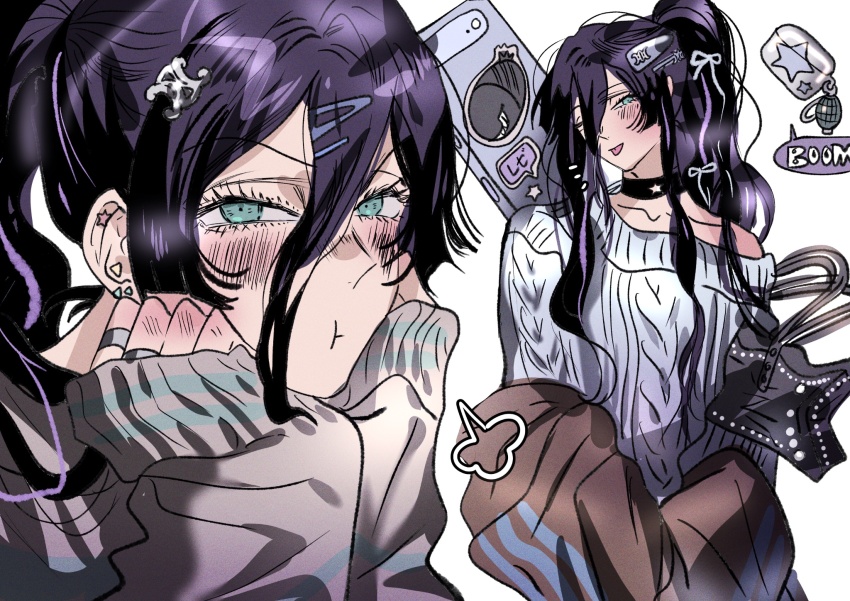 1girl alternate_costume alternate_hairstyle black_choker bomb_devil_(chainsaw_man) busuttt chainsaw_man character_sticker charm_(object) choker closed_mouth explosive green_eyes grenade grey_jacket grey_sweater hair_between_eyes hair_ornament hairclip highres jacket jewelry long_hair long_hair_between_eyes multiple_views pout purple_hair reze_(chainsaw_man) ring speech_bubble sticker sweater tongue tongue_out