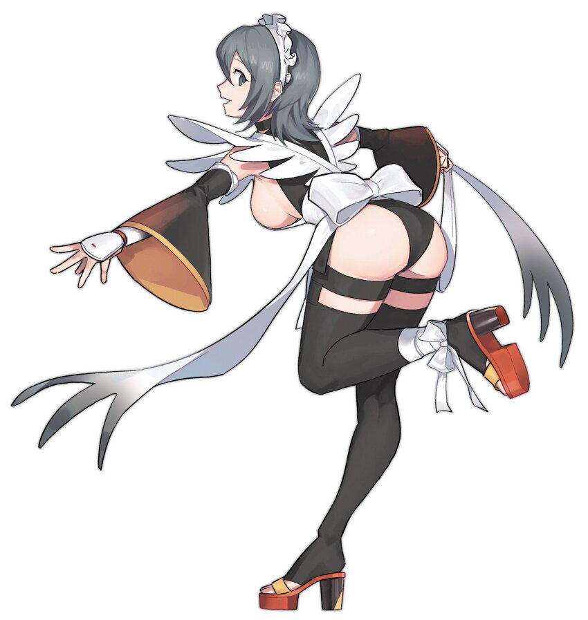 1girl apron bandages_over_clothes black_hair black_thighhighs blue_eyes breasts choker flipped_hair frilled_leotard frills hair_ornament highres in_cident_ok iroha_(samurai_spirits) japanese_clothes lace-trimmed_apron lace_trim large_breasts leotard looking_at_viewer maid maid_headdress maid_leotard open_mouth samurai_spirits short_hair sideboob smile snk solo thighhighs thighs toeless_legwear unconventional_maid