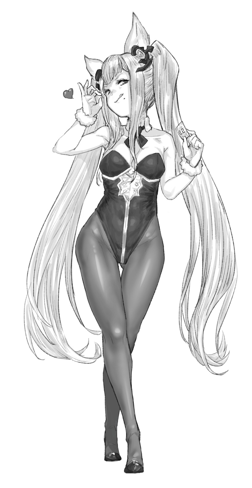 1girl :q animal_ears breasts condom erune fellatio_gesture full_body granblue_fantasy greyscale heart highres holding holding_condom leotard long_hair looking_at_viewer medium_breasts metera_(granblue_fantasy) monochrome naughty_face pantyhose rabbit_ears solo thigh_gap tongue tongue_out transparent_background twintails very_long_hair yggsil