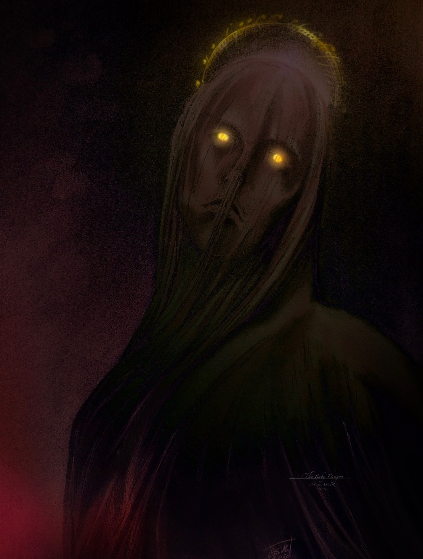 1boy 2020 artist_name black_speech_(language) dated divine_being glowing glowing_eyes glowing_halo halo highres long_hair looking_at_viewer robe sauron signature solo the_lord_of_the_rings thebabydragons tolkien&#039;s_legendarium white_hair white_robe yellow_eyes yellow_halo