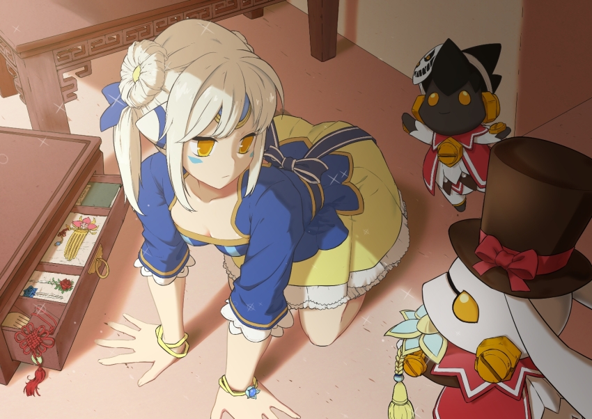 1girl blue_flower blue_rose blue_shirt bow bracelet breasts caicaizi cleavage drawer dress elsword eve_(elsword) expressionless facial_mark flower forehead_jewel hair_bow hair_ornament hairpin hairstyle_request indoors jewelry kneeling looking_at_another moby_(elsword) multiple_hairpins official_alternate_costume on_floor open_drawer red_flower red_rose remy_(elsword) robot_ears rose screw shadow shirt skirt solo sparkle white_hair yellow_skirt
