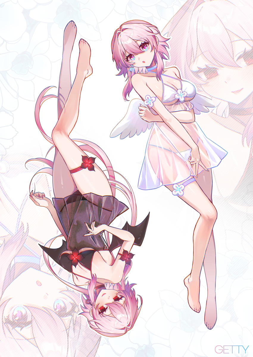 2girls absurdres alternate_costume angel costume demon_costume demon_girl evernight_(honkai:_star_rail) getty-gy highres honkai:_star_rail honkai_(series) march_7th_(honkai:_star_rail) multicolored_eyes multiple_girls official_alternate_eye_color pink_hair see-through_clothes two-tone_eyes