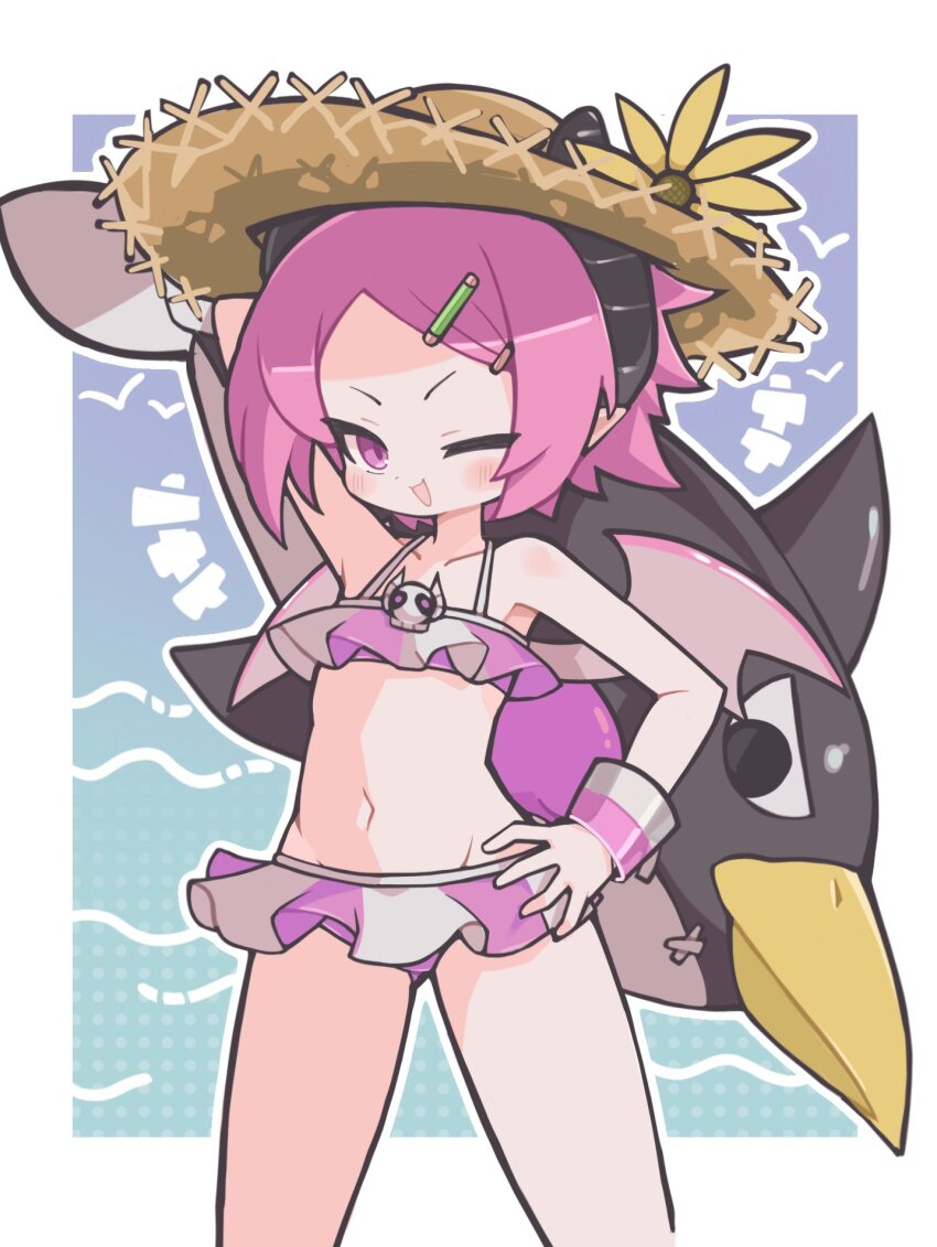 1girl ;d arm_behind_back bikini blue_background blush border brown_hat commentary cowboy_shot disgaea hand_on_own_hip hat highres looking_at_viewer navel one_eye_closed open_mouth outline outside_border pink_bikini pink_eyes pink_hair raspberyl short_hair smile solo suaman swimsuit white_border white_outline