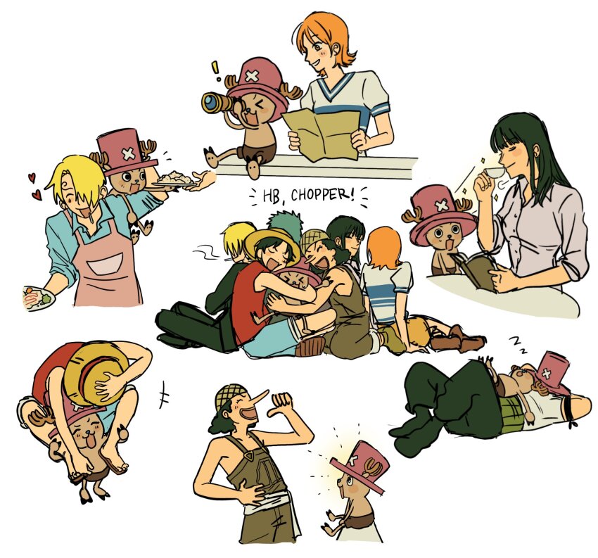 &gt;_&lt; 2girls 5boys ^_^ antlers apron black_hair blonde_hair blunt_bangs book closed_eyes collared_shirt commentary_request cup formal_clothes green_hair happy_birthday haramaki hat heart highres holding holding_book holding_cup horns hug korean_commentary long_nose lying medium_hair monkey_d._luffy multiple_boys multiple_girls multiple_views nami_(one_piece) nami_(one_piece)_(east_blue) nico_robin nico_robin_(alabasta) on_back one_piece orange_hair pink_hat plate ra_zz03 red_shirt roronoa_zoro sanji_(one_piece) shirt short_hair skirt sleeping straw_hat striped_clothes striped_shirt suit telescope tony_tony_chopper usopp v-neck white_background white_shirt yellow_skirt