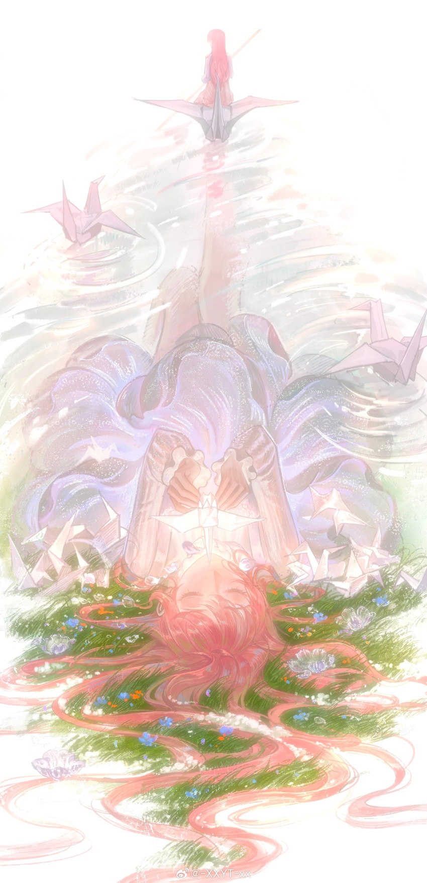 1girl absurdres bloom_poetry_(shining_nikki) border chinese_commentary closed_eyes commentary_request dress eyelashes field flower flower_field frilled_sleeves frills from_behind hair_spread_out highres holding holding_oar long_hair long_sleeves lying multiple_views nikki_(nikki) nikki_(series) oar object_floating_above_hand on_back on_ground origami outside_border paper_crane pinafore_dress pink_dress pink_hair pleated_dress purple_dress riding ripples roaring shining_nikki shirt short_dress sleeveless sleeveless_dress sleeves_past_wrists soaking_feet straight_hair striped_clothes striped_shirt vertical-striped_clothes vertical-striped_shirt very_long_hair white_border white_shirt xxyt-xx