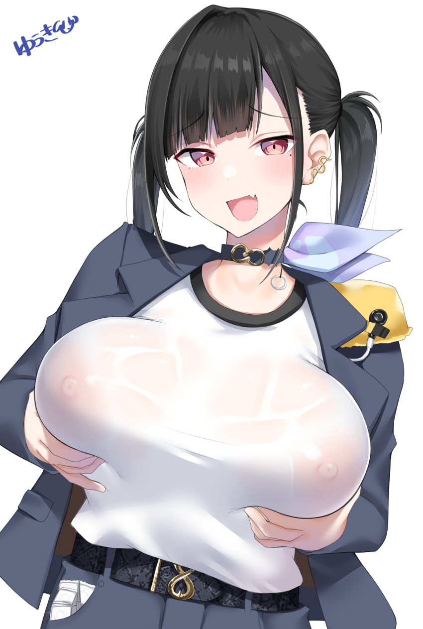 1girl :d artist_name belt black_belt black_choker black_hair black_jacket black_skirt blunt_bangs blush breasts brown_eyes choker condom condom_wrapper covered_erect_nipples ear_piercing fang goddess_of_victory:_nikke grabbing_own_breast hands_up highres jacket kitajima_yuuki large_breasts long_sleeves looking_at_viewer mole mole_under_eye nipples no_bra open_clothes open_jacket open_mouth pendant_choker piercing pocket raised_eyebrows see-through_clothes see-through_shirt shirt shirt_tucked_in simple_background skin_fang skirt smile solo sora_(nikke) twintails upper_body wet wet_clothes wet_shirt white_background white_shirt