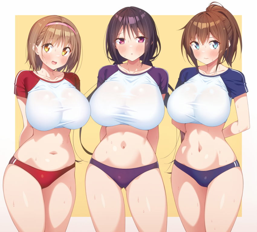 3girls amasawa_chigusa black_hair blue_eyes blush breasts brown_eyes brown_hair buruma collarbone embarrassed gluteal_fold gym_uniform hairband highres hotaka_mai kazuma_(kazumav) large_breasts long_hair multiple_girls navel open_mouth original parted_lips ponytail purple_buruma purple_eyes red_buruma saotome_sakurako shirt short_hair short_sleeves sidelocks simple_background smile standing sweat taut_clothes taut_shirt thighs white_shirt