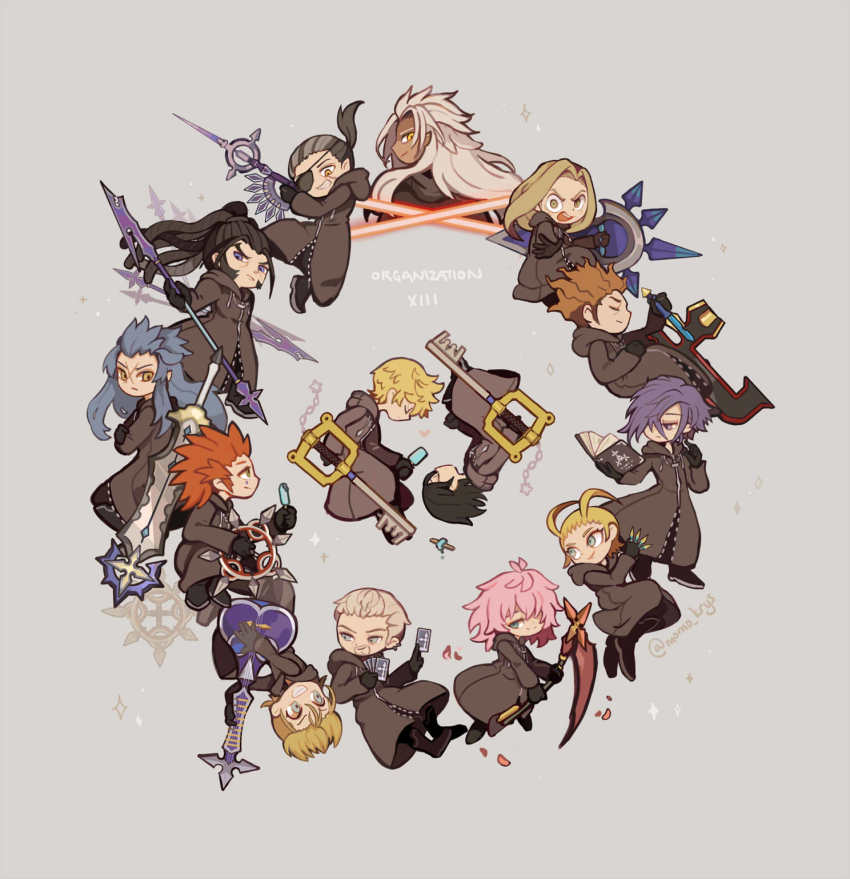 2girls 6+boys antenna_hair axel_(kingdom_hearts) black_footwear black_gloves black_hair black_robe blonde_hair blue_eyes blue_hair book card chakram chibi closed_eyes demyx dreadlocks eyepatch facial_hair facial_mark falling_petals gloves goatee grey_background grey_hair gun hair_between_eyes hair_over_one_eye highres holding holding_book holding_card holding_food holding_gun holding_ice_cream holding_shield holding_weapon hood hood_down hooded_robe ice_cream instrument keyblade kingdom_hearts kingdom_hearts_ii knife larxene lexaeus long_hair looking_back luxord marluxia momoppi multiple_boys multiple_girls open_mouth organization_xiii petals pink_hair playing_card polearm ponytail red_hair robe roxas saix scar scar_across_eye scar_on_face scythe shield short_hair sideburns sidelocks sitar smile spear spiked_hair sword teeth throwing_knife upper_teeth_only vexen weapon xaldin xemnas xigbar xion_(kingdom_hearts) yellow_eyes zexion
