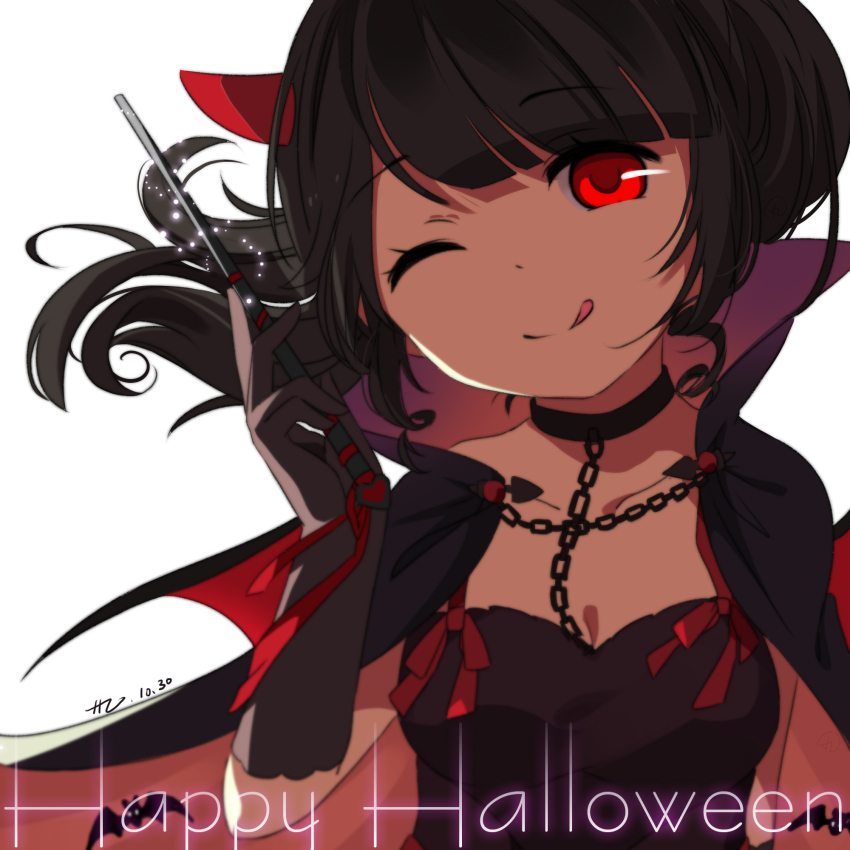 1girl ;q black_cape black_choker black_dress black_gloves black_hair blunt_bangs bow breasts cape chain character_request chinese_commentary choker cleavage closed_mouth collarbone collared_cape commentary commentary_request dated demon_horns dot_nose dress dress_bow english_commentary english_text eyelashes floating_hair gloves halloween happy_halloween high_collar highres holding holding_wand horns kexi_shi_ge_hentai long_hair magic medium_breasts miracle_nikki mixed-language_commentary nikki_(series) one_eye_closed ponytail red_bow red_cape red_eyes red_horns red_ribbon ribbon signature simple_background sleeveless sleeveless_dress smile solo tareme tongue tongue_out two-sided_cape two-sided_fabric upper_body wand white_background